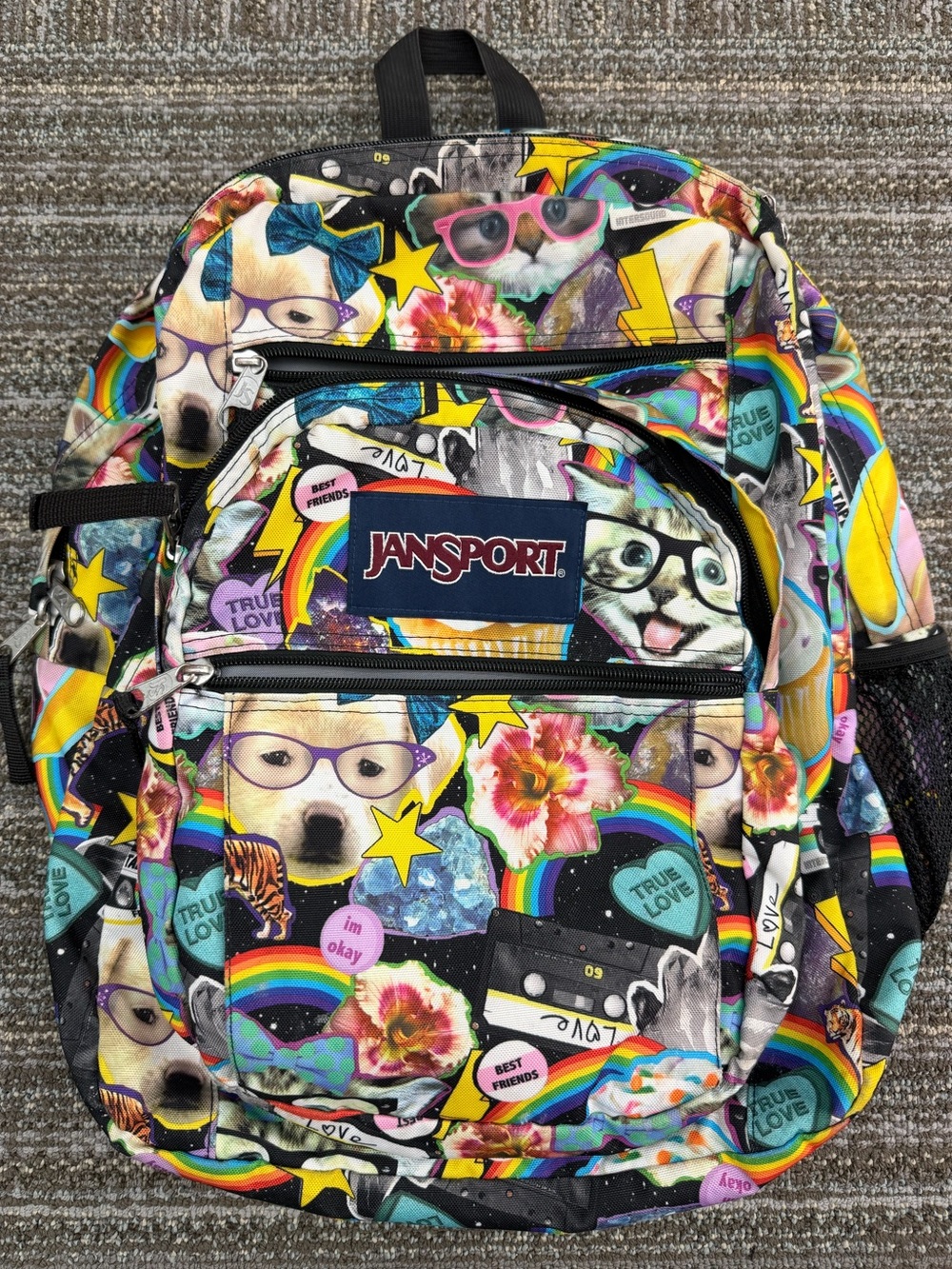 JanSport RARE Multi Hairball Backpack Mid 2010 Cats Glasses Bow Cupcake